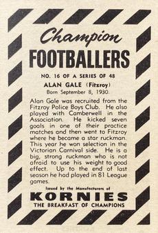 1954 Kornies Champion Footballers #16 Alan Gale Back